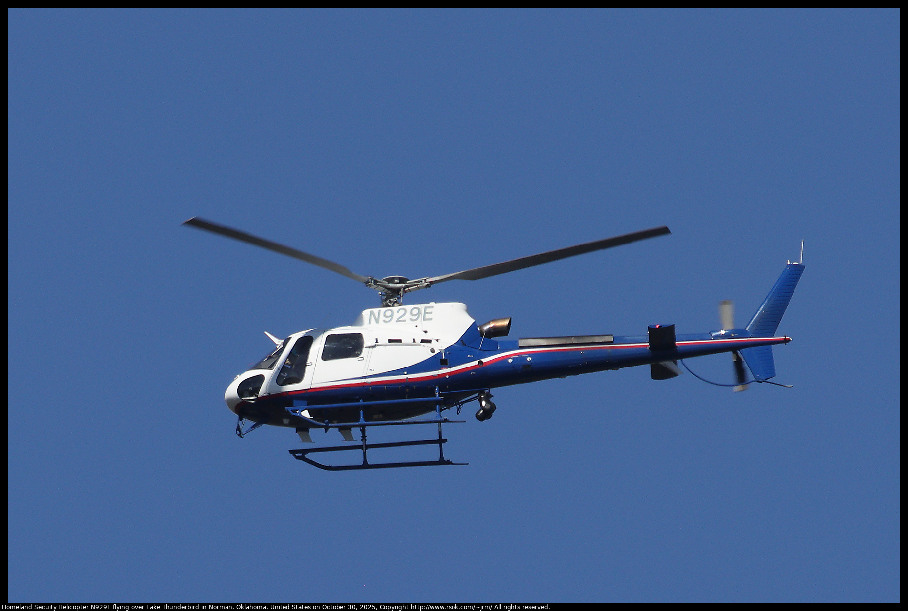 Homeland Secuity Helicopter N929E flying over Lake Thunderbird in Norman, Oklahoma, United States on October 30, 2025