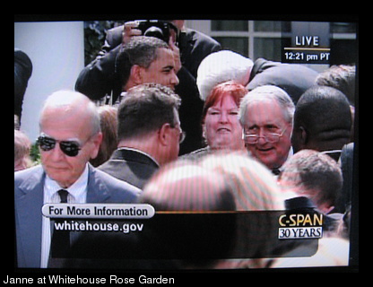 Janne O'Donnell with President Obama in the Whitehouse Rose Garden.