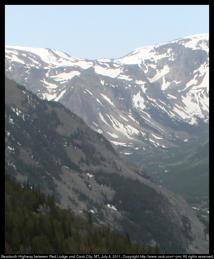 Snow capped mountains above a green valley.