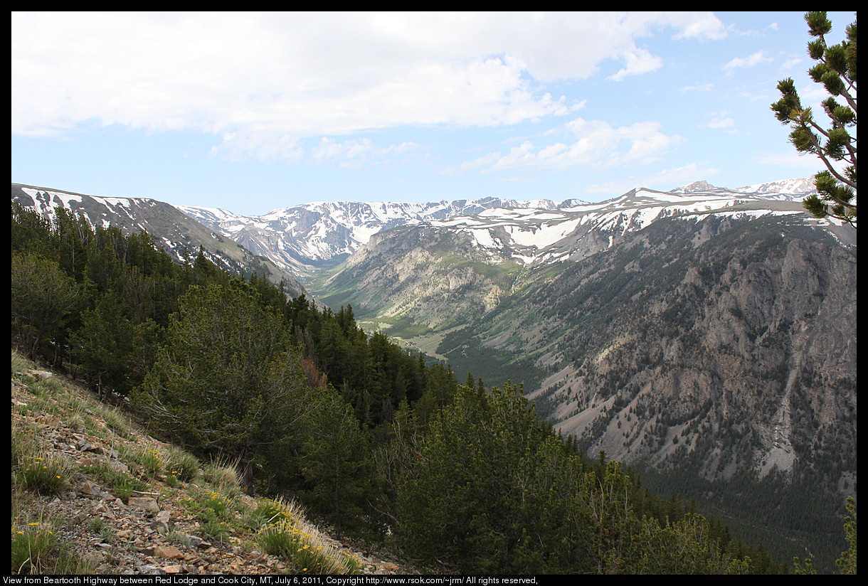 Snow capped mountains above a green valley.