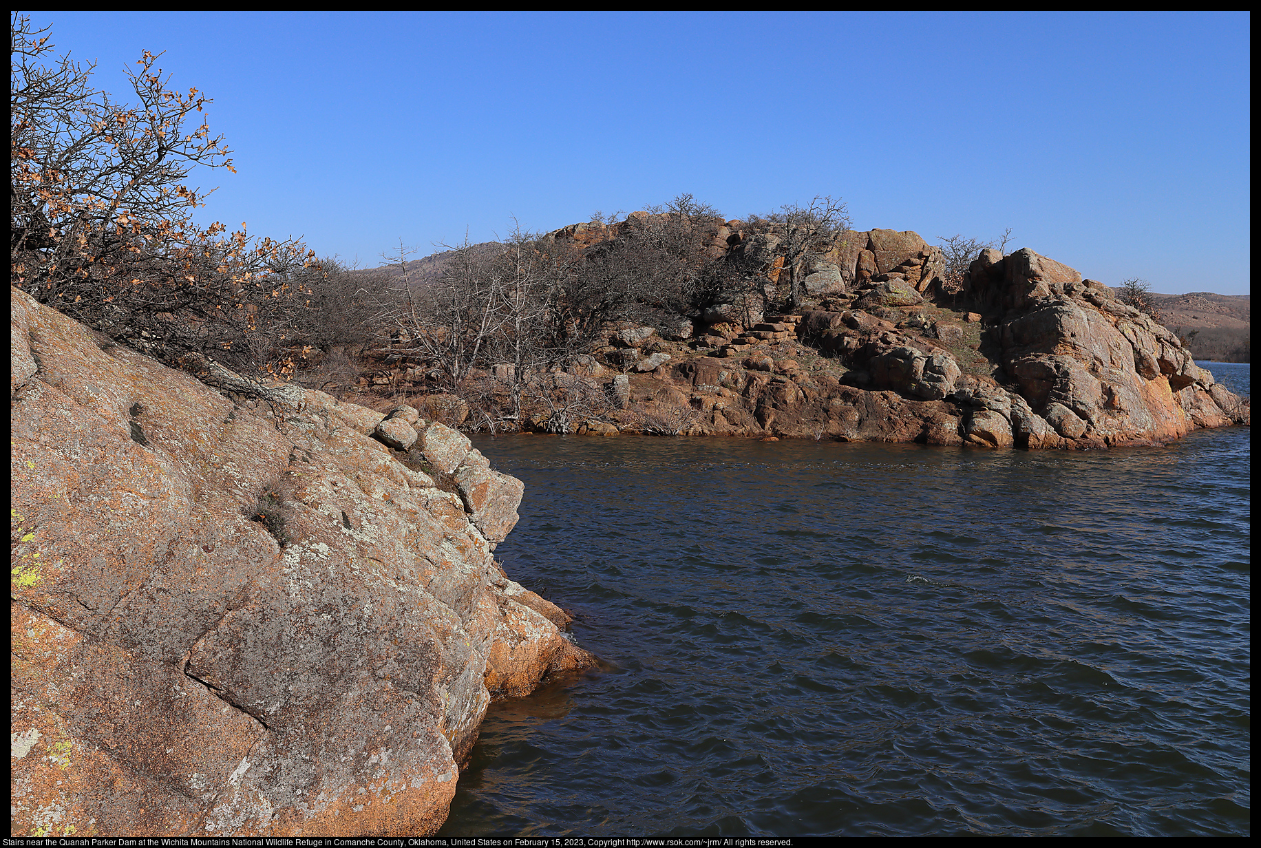 Stairs near the Quanah Parker Dam at the Wichita Mountains National Wildlife Refuge in Comanche County, Oklahoma, United States on February 15, 2023