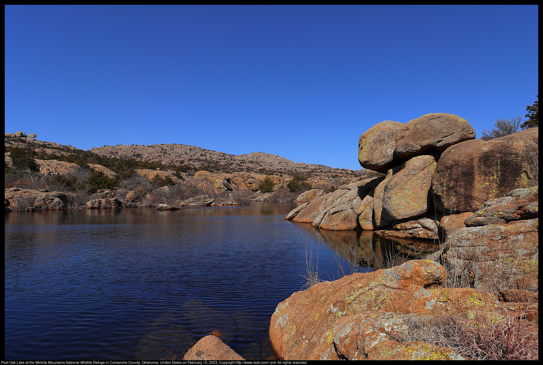 Post Oak Lake at the Wichita Mountains National Wildlife Refuge in Comanche County, Oklahoma, United States on February 15, 2023