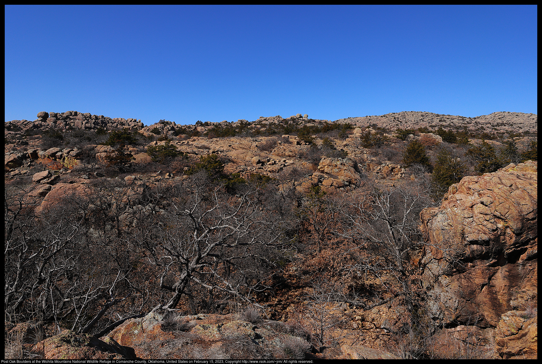 Post Oak Boulders at the Wichita Mountains National Wildlife Refuge in Comanche County, Oklahoma, United States on February 15, 2023