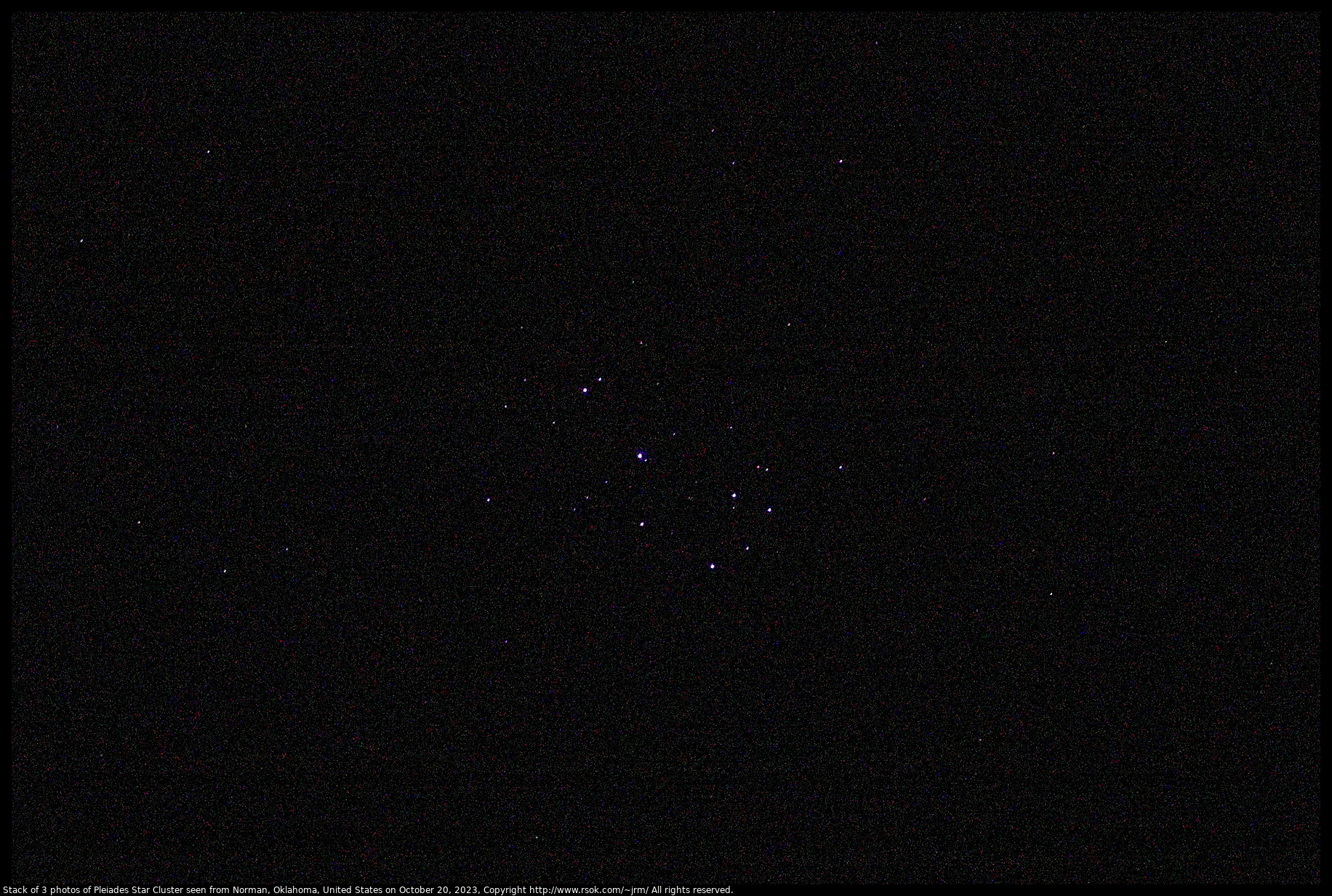 Stack of 3 photos of Pleiades Star Cluster on October 20, 2023