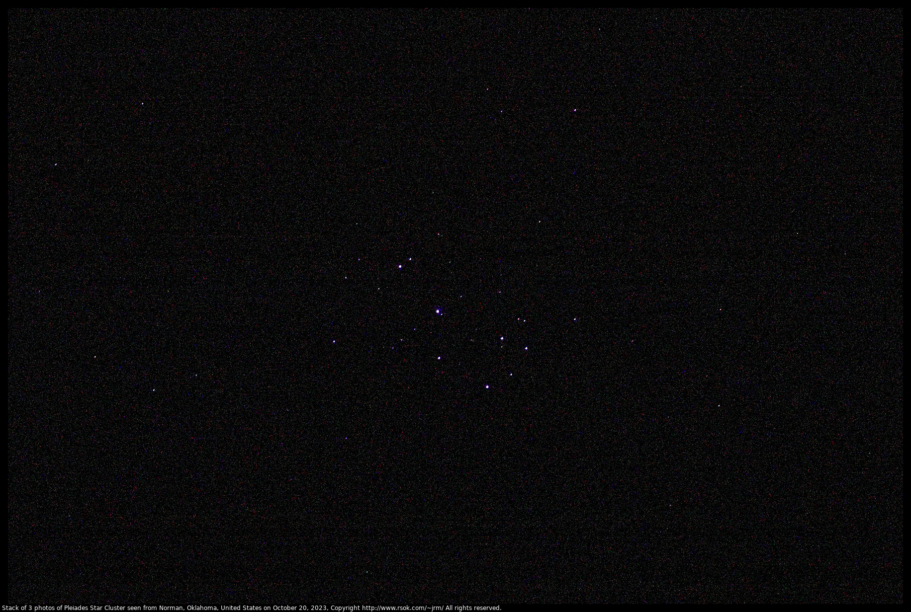 Stack of 3 photos of Pleiades Star Cluster on October 20, 2023