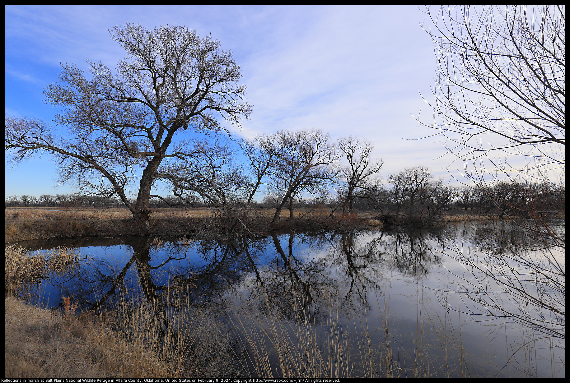 Reflections in marsh at Salt Plains National Wildlife Refuge in Alfalfa County, Oklahoma, United States on February 9, 2024