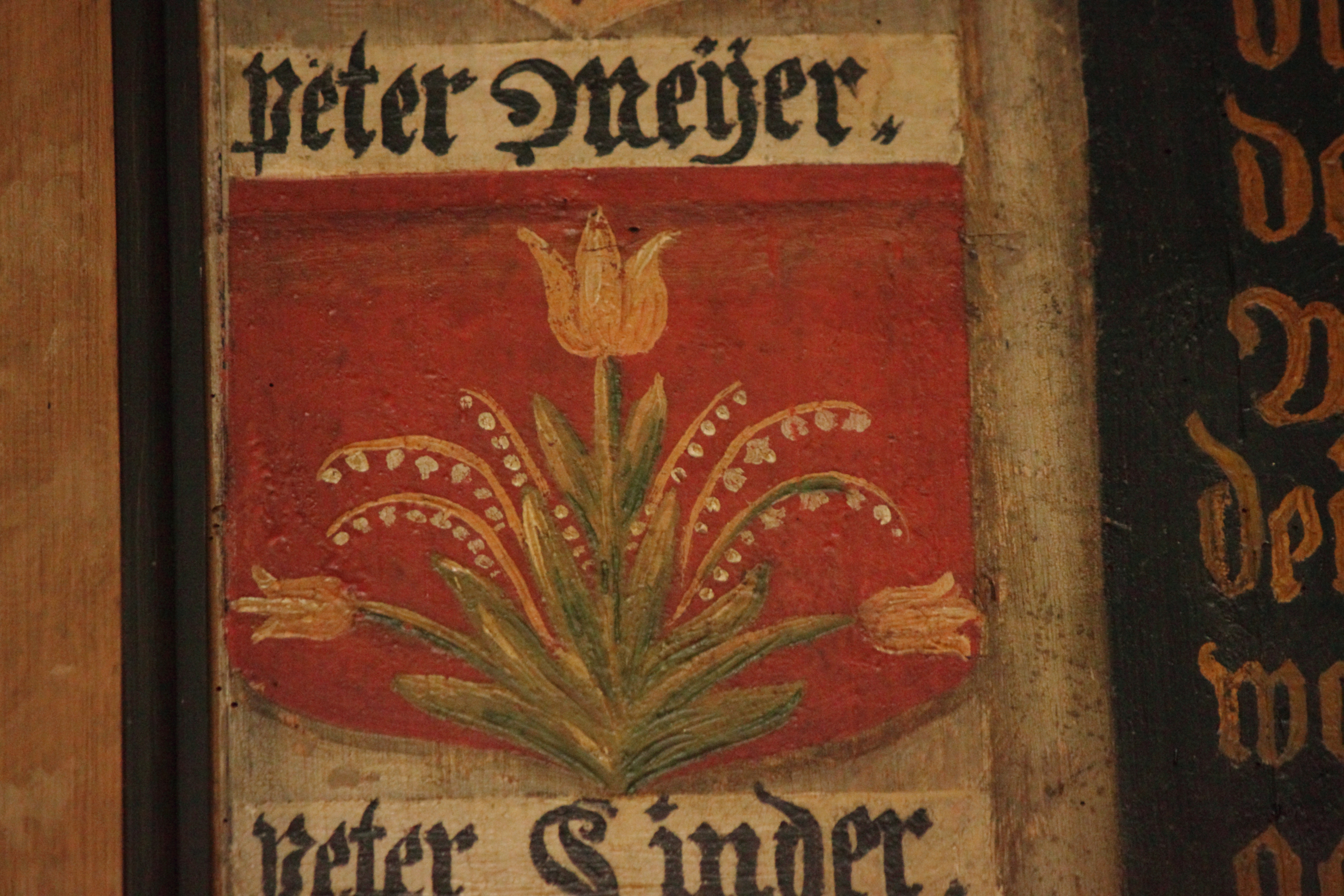 Meyer coat of arms with flowers on a red background